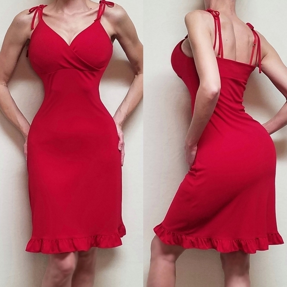 Vintage 90s Express Red Shoulder Tie V-neck Frill Hem Midi Sheath Dress 1/2